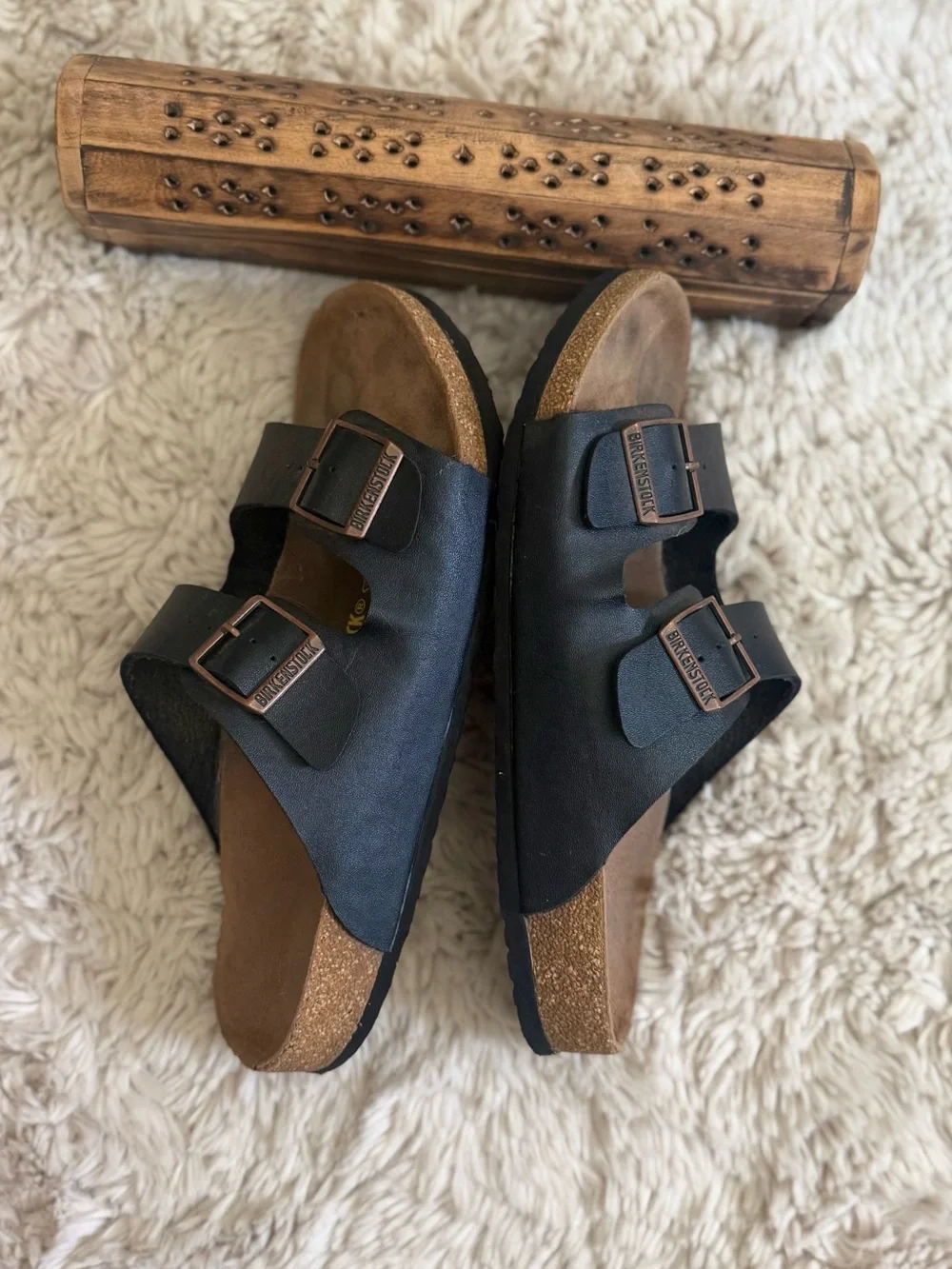 Birkenstock Men's Arizona  Black Leather Bronze Buckle  SZ 44 11M